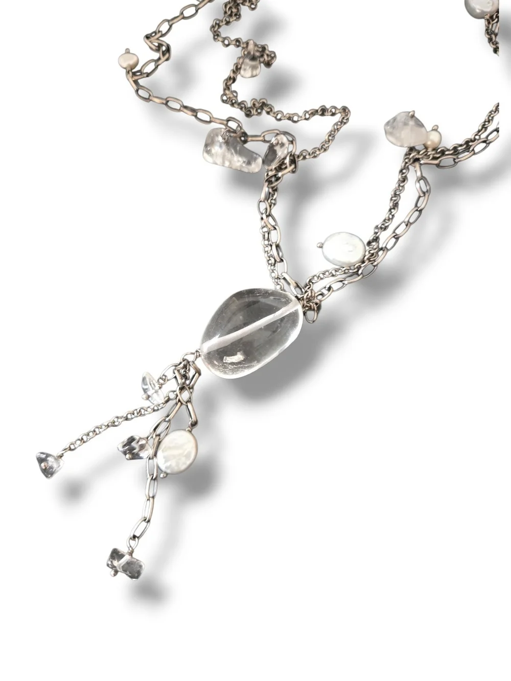 Silpada N1492 Silver Multi-Chain Lariat Necklace w Pearl + Glass Bead Accents